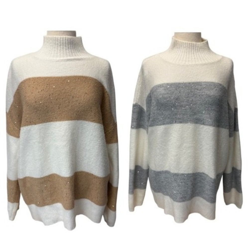 Lot‎ of 2 Talbots XL Wool Blend Sequin Stripe Turtleneck Sweaters Tan Gray